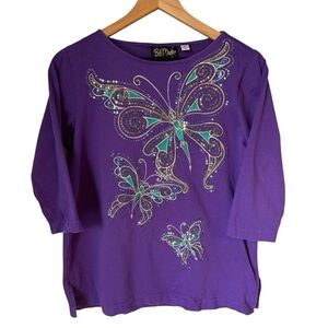 Bob Mackie Wearable Art Swifty Fairy Purple Butterfly Embellished Top Sz XS